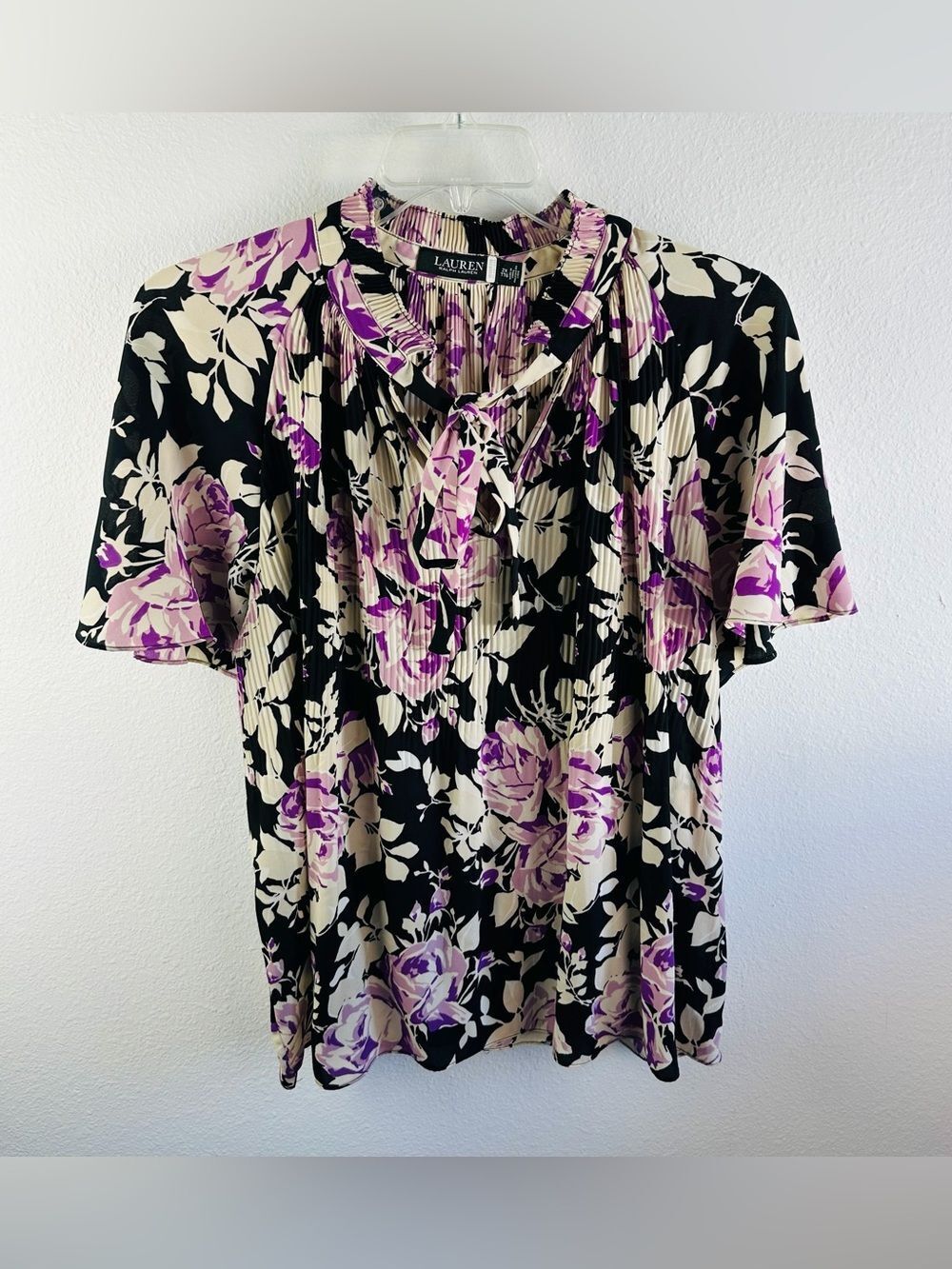 Lauren Ralph Lauren Black Label Purple Floral Micro Pleat Tie Neck Blouse 2X